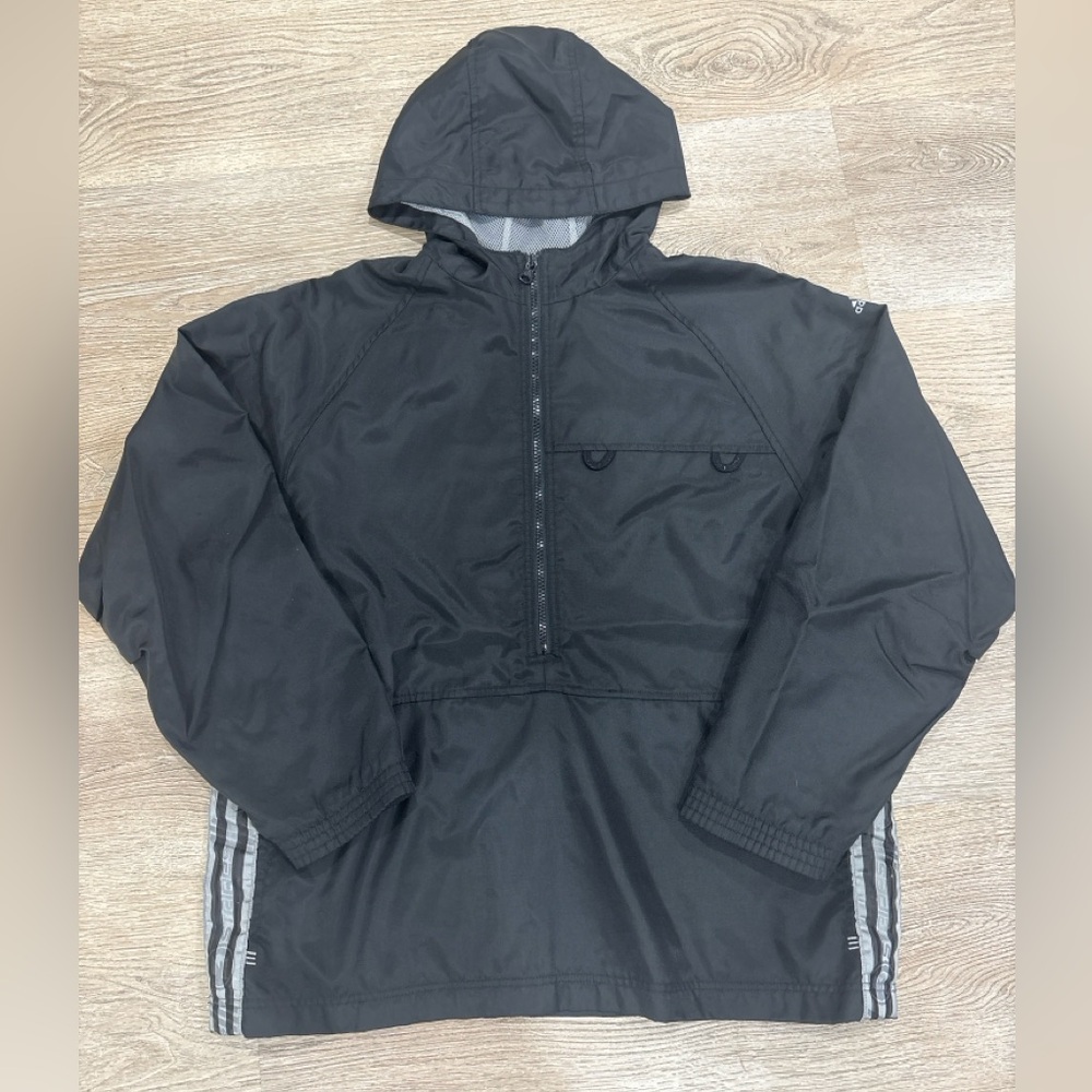 Adidas Boys Large Black Hooded Half Zip Windbreaker Jacket
